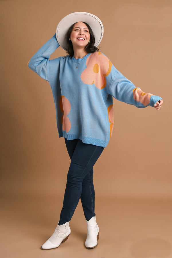 Umgee Floral Crewneck Pullover Sweater in Dusty Blue Sweaters Umgee   