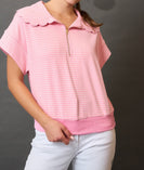 Umgee Striped Half Zip Pullover Top in Pink/Cream