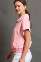 Umgee Striped Half Zip Pullover Top in Pink/Cream