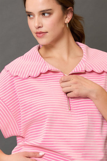 Umgee Striped Half Zip Pullover Top in Pink/Cream