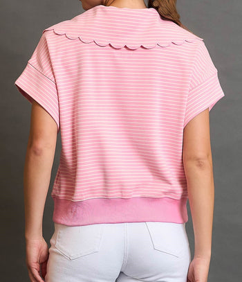 Umgee Striped Half Zip Pullover Top in Pink/Cream