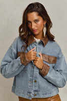 So Me Denim Jacket with Contrasting Faux Leather Details in Denim/Brown