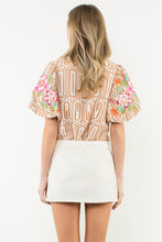 Load image into Gallery viewer, THML Geometric Print Top with Floral Embroidery Sleeves in Brown

