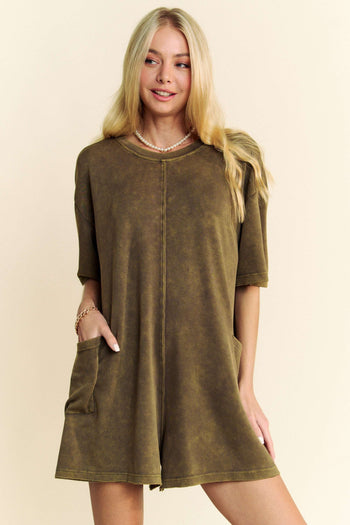 Davi & Dani Soft Knit Mineral Washed V Back Romper in Olive