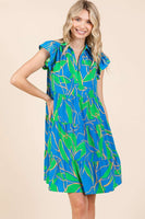 Mittoshop Leaf Print Tiered Mini Dress in Azure Combo