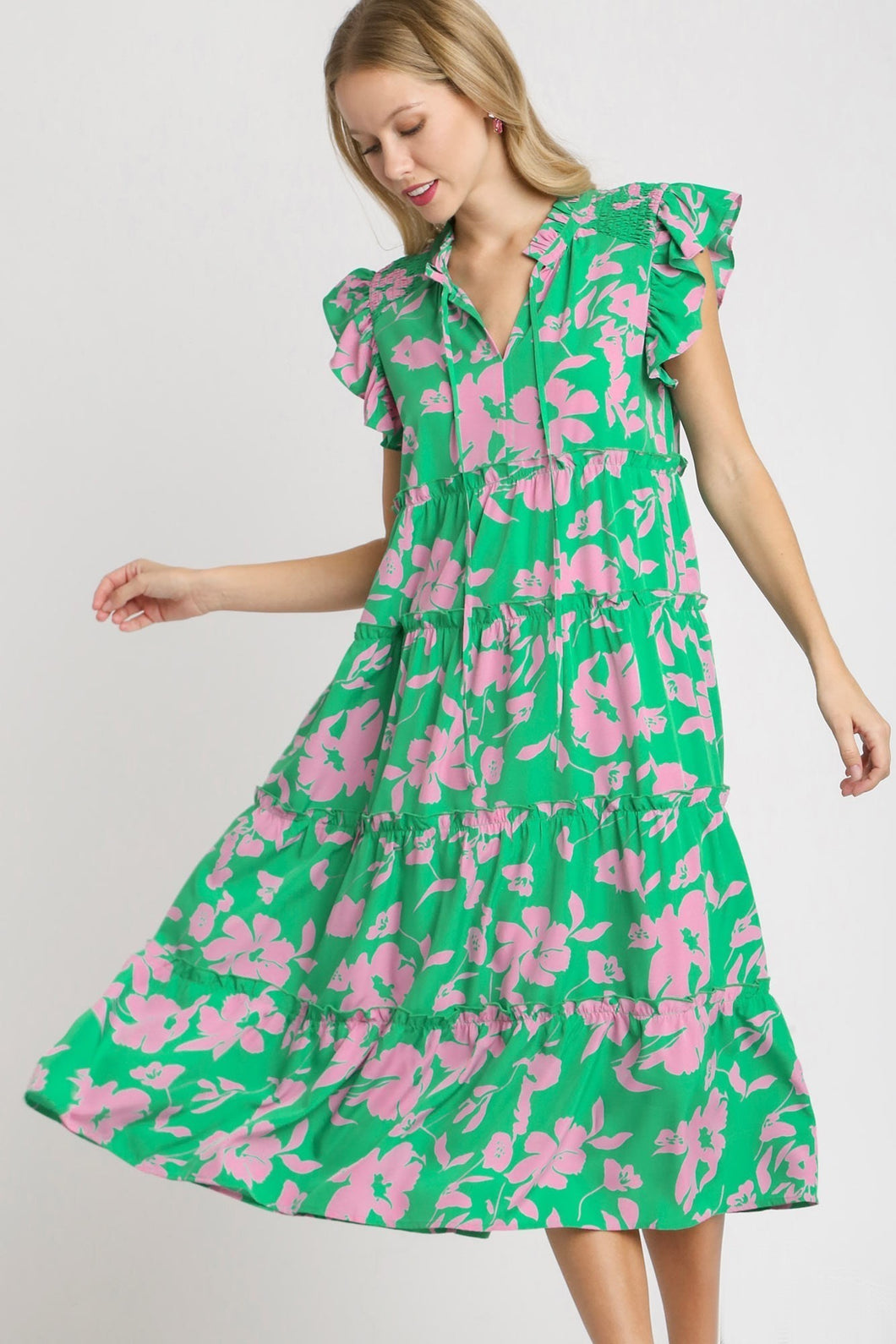 Umgee Split Neck Graphic Floral Print Tiered Maxi Dress in Green Mix