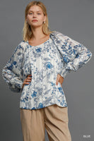Umgee Lurex Floral Print Top in Blue