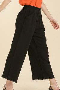 Umgee Wide Leg Pants with Elastic Waist Band & Unfinished Hem in Black Pants Umgee   