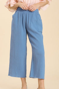 Umgee Wide Leg Pants with Elastic Waist Band & Unfinished Hem in Denim Blue Color Pants Umgee   