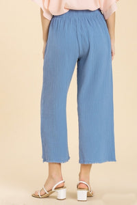 Umgee Wide Leg Pants with Elastic Waist Band & Unfinished Hem in Denim Blue Color Pants Umgee   