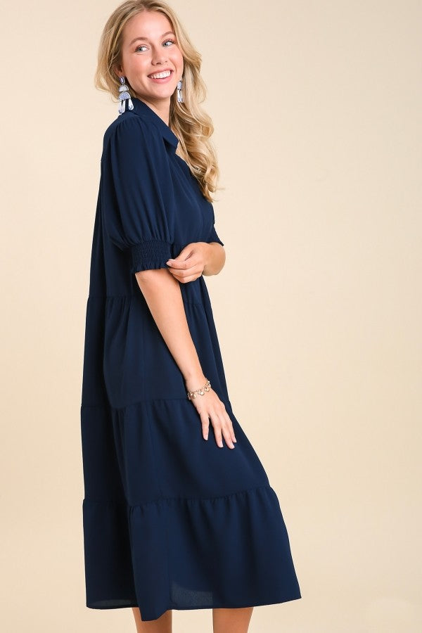 Umgee Collared Tiered Midi Dress in Navy – June Adel