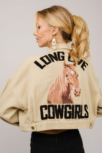 Blue B Long Live Cowgirls CROPPED Twill Denim Jacket in Taupe