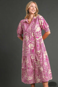 Umgee Printed Midi Dress in Magenta ON ORDER Dress Umgee   