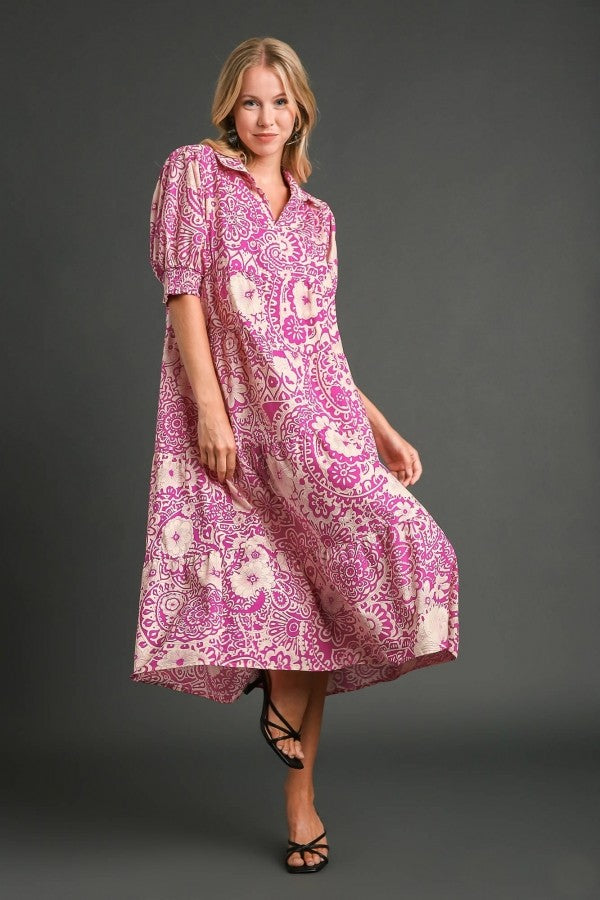 Umgee Printed Midi Dress in Magenta Dress Umgee   