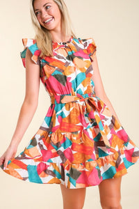 Umgee Abstract Print Round Neck Tiered Dress in Fuchsia/Orange Dress Umgee   