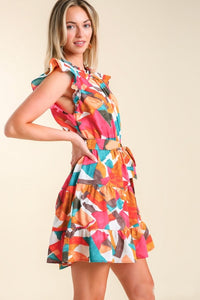 Umgee Abstract Print Round Neck Tiered Dress in Fuchsia/Orange Dress Umgee   
