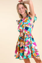 Load image into Gallery viewer, Umgee Abstract Print Round Neck Tiered Dress in Jade/Purple Dress Umgee   
