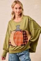 BiBi OVERSIZED Plaid Pumpkin Patch French Terry Top in Olive