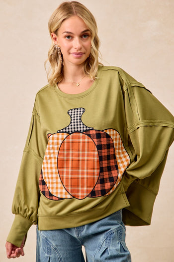 BiBi OVERSIZED Plaid Pumpkin Patch French Terry Top in Olive