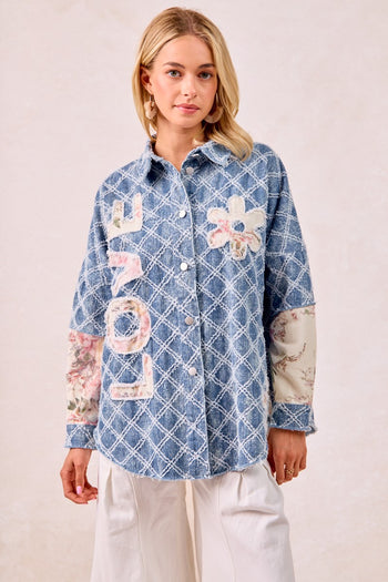 BiBi Distressed Diamon Pattern Shacket with Twill Floral Patches in Denim/Cream Multi