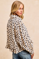 BiBi Crinkle Polka Dot Ruffle Hem Button Down Top in Cream/Black