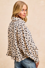 Load image into Gallery viewer, BiBi Crinkle Polka Dot Ruffle Hem Button Down Top in Cream/Black
