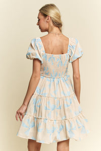 Davi & Dani Bow Print Tiered Mini Dress in Blue