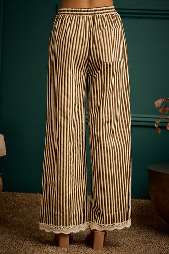 So Me Twill Stripe Banding Waist Lace Trim Hem Pants in Brown/Ivory