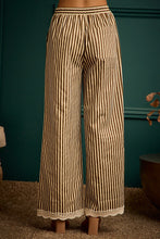 Load image into Gallery viewer, So Me Twill Stripe Banding Waist Lace Trim Hem Pants in Brown/Ivory

