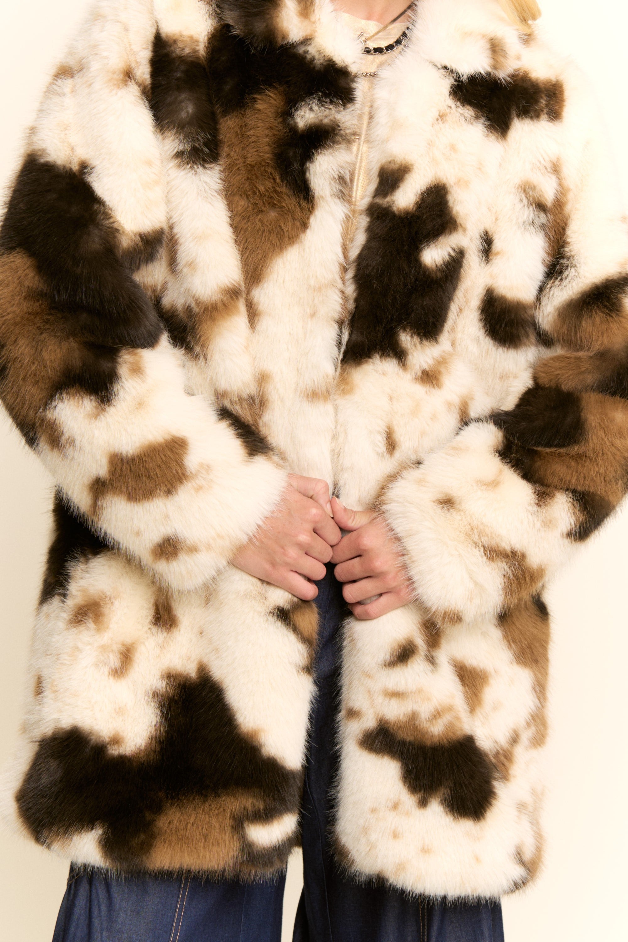 Davi & Dani Tri Color Faux Fur Jacket in Cow Brown – June Adel