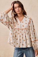 BiBi Small Flower Print Top with Ric Rac Trim Detail in Oatmeal/Orange