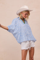 BiBi OVERSIZED Leopard Print Woven Top with Contrasting Striped Collar in Blue