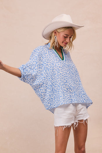 BiBi OVERSIZED Leopard Print Woven Top with Contrasting Striped Collar in Blue