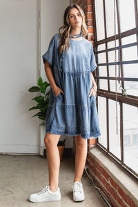 Mittoshop Oversized Tiered Mini Dress in Denim