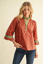 Load image into Gallery viewer, Jodifl Bell Sleeves Ruffle Detail Floral Top in Brick
