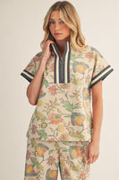 Jodifl Color Rib Band Contrast Zip Up Floral Top in Oatmeal