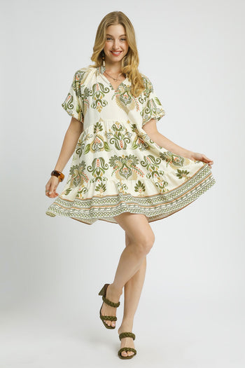 Umgee Boho Print Tiered Mini Dress in Light Olive Mix