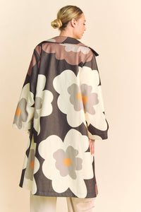 Davi & Dani Bold Retro Floral Print Jacket in Mocha Brown