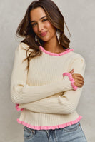 So Me FITTED Ribbed Knit Sweater Top in Ivory/Pink ON ORDER