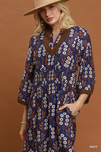 Umgee Floral Print Smocked Waist Dress in Navy