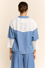 Load image into Gallery viewer, Davi &amp; Dani Printed Denim and Lace Button Front Shirt in Light Denim Multi
