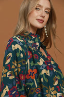 Umgee Floral Print Split Neck Blouse in Teal