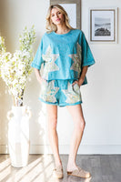 Oli & Hali Multi Print Star Patched Top and Short Set in Blue