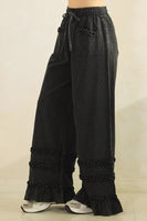 Mittoshop Mineral Washed Ruffle Trim Wide Leg Pants in Ash Black
