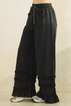 Load image into Gallery viewer, Mittoshop Mineral Washed Ruffle Trim Wide Leg Pants in Ash Black
