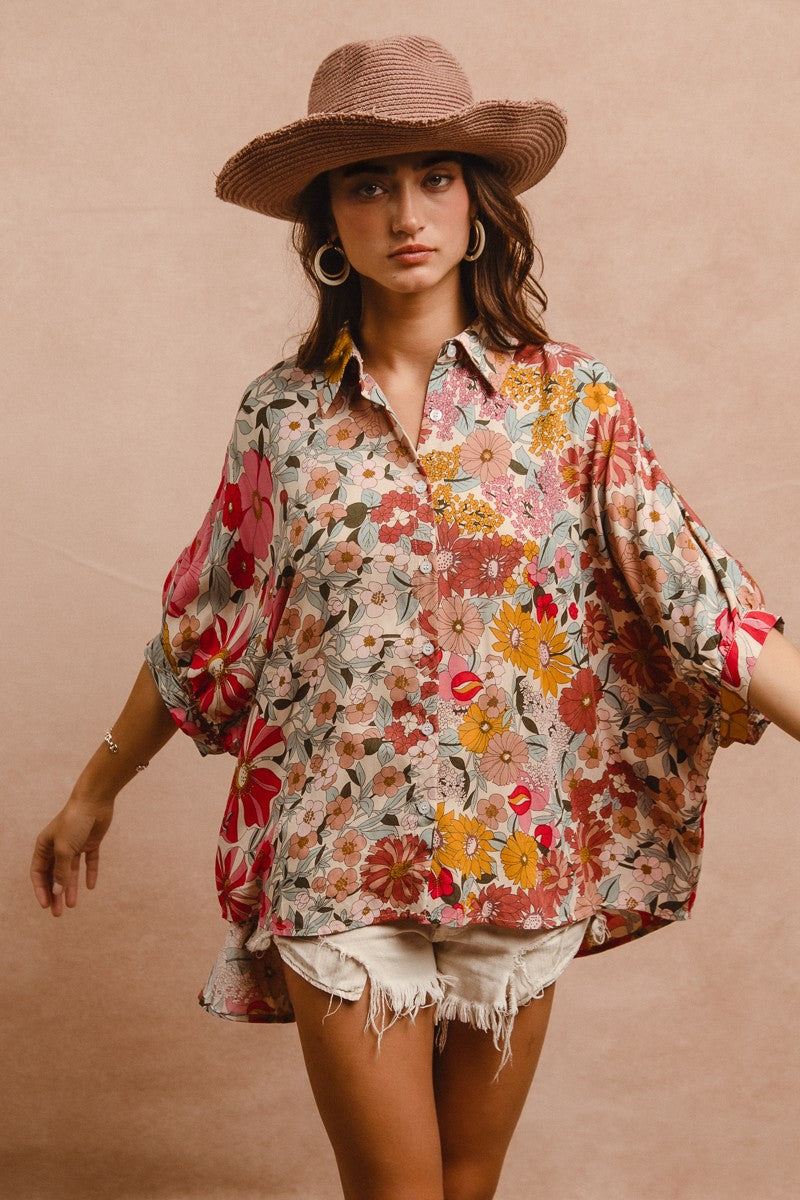 BiBi OVERSIZED Floral Print Button Down Top in Rose Mix ON ORDER