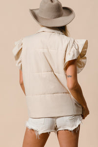 BiBi Solid Color Puff Vest with Ruffle Details in Sand