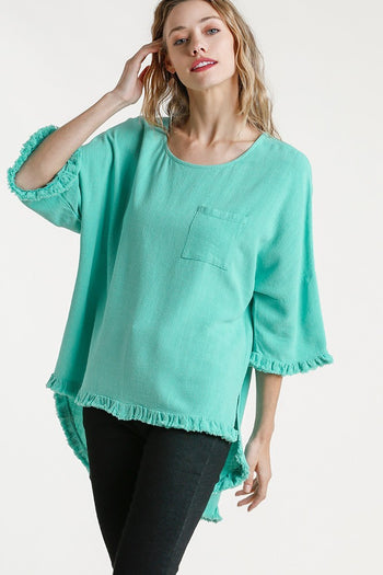 Umgee Linen Blend Long Bell Sleeve Round Neck Top with Chest Pocket and Frayed High Low Scoop Hem in Emerald