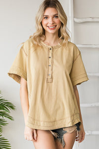 Oli & Hali Solid Color Henley Top in Taupe Shirts & Tops Oli & Hali   