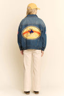 Davi & Dani Western Embroidered Trucker Jacket in Denim Blue